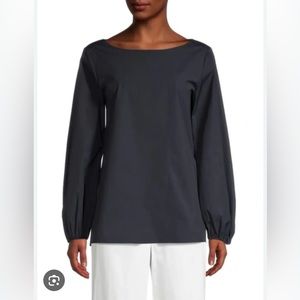 THEORY Navy Cotton Shirred Sleeve Boatneck Top
